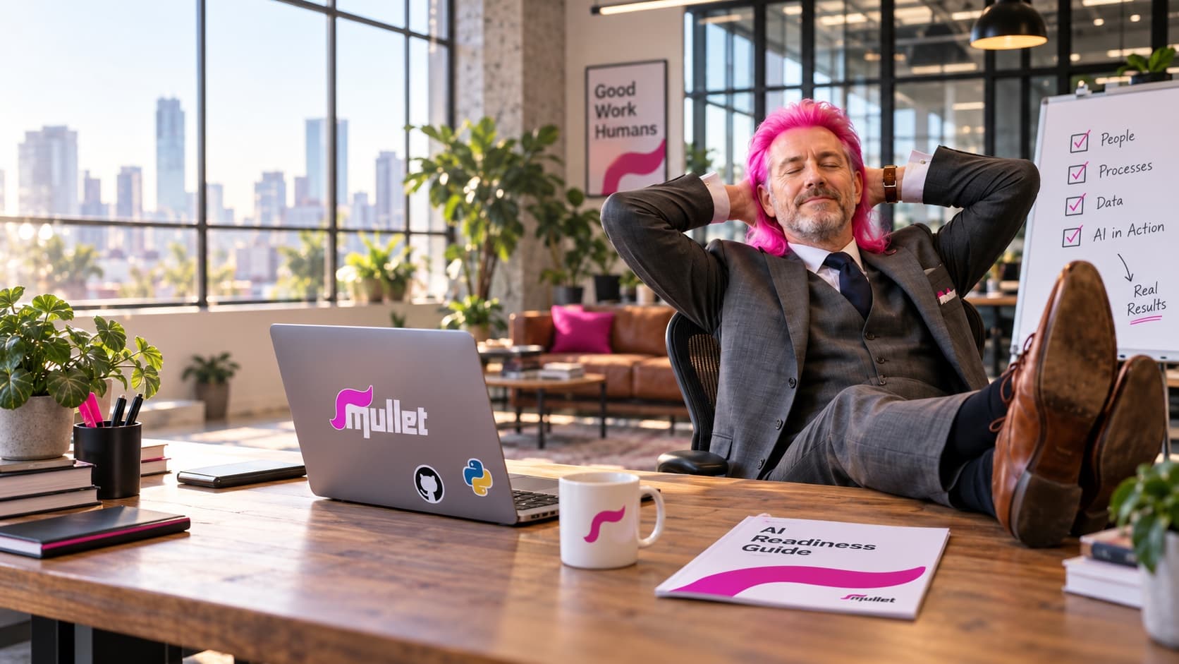 A business leader with a vivid pink mullet relaxing in an office beside an AI readiness whiteboard.
