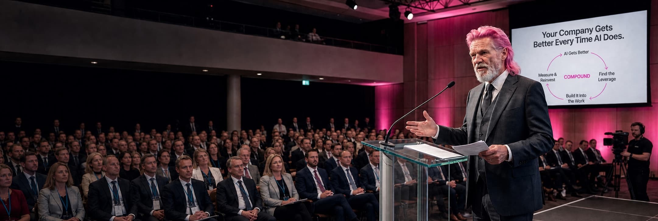 A keynote speaker with a vivid pink mullet addressing a business audience.