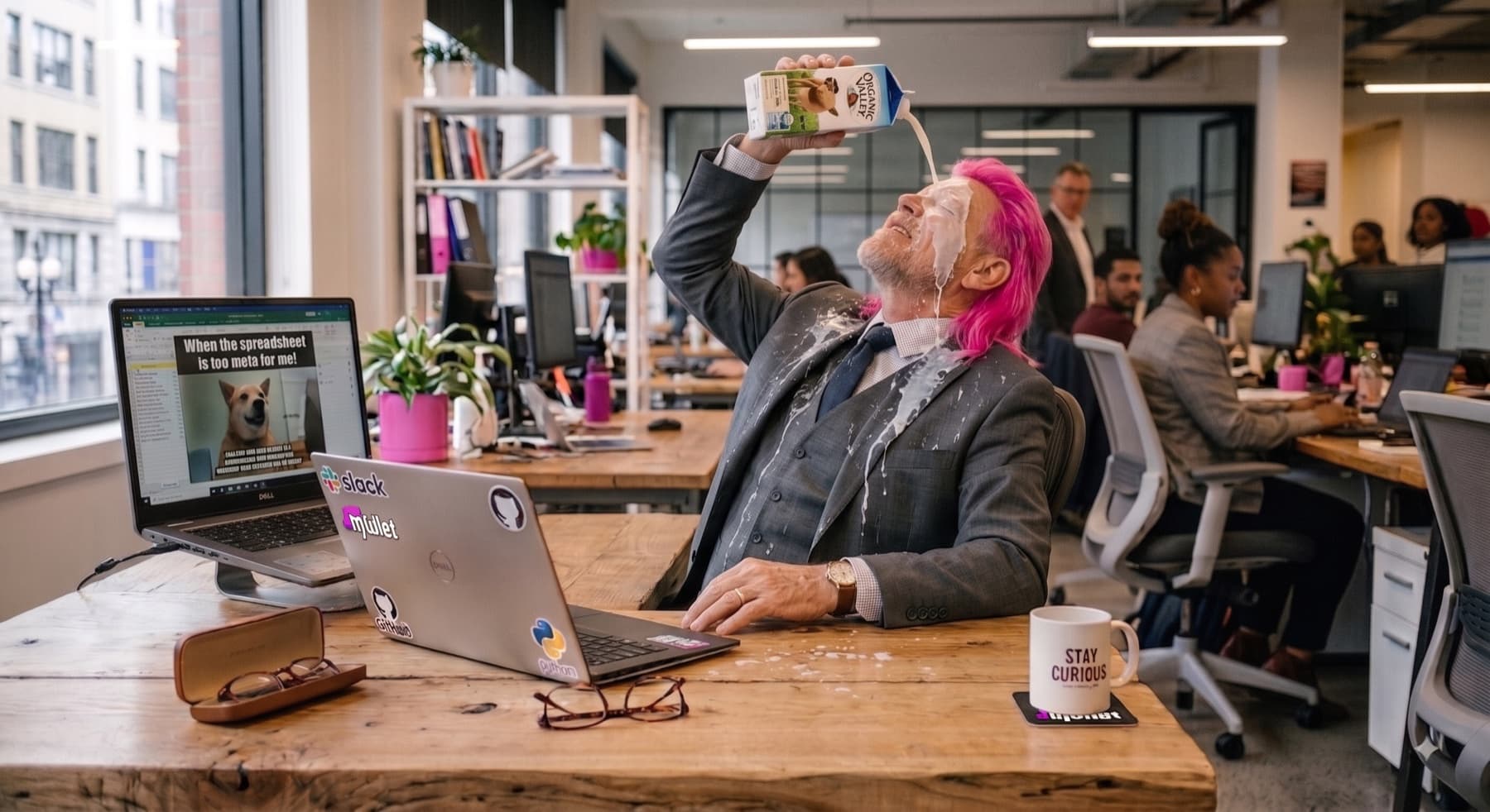 A business leader with a vivid pink mullet pouring milk over his face while working at a laptop.