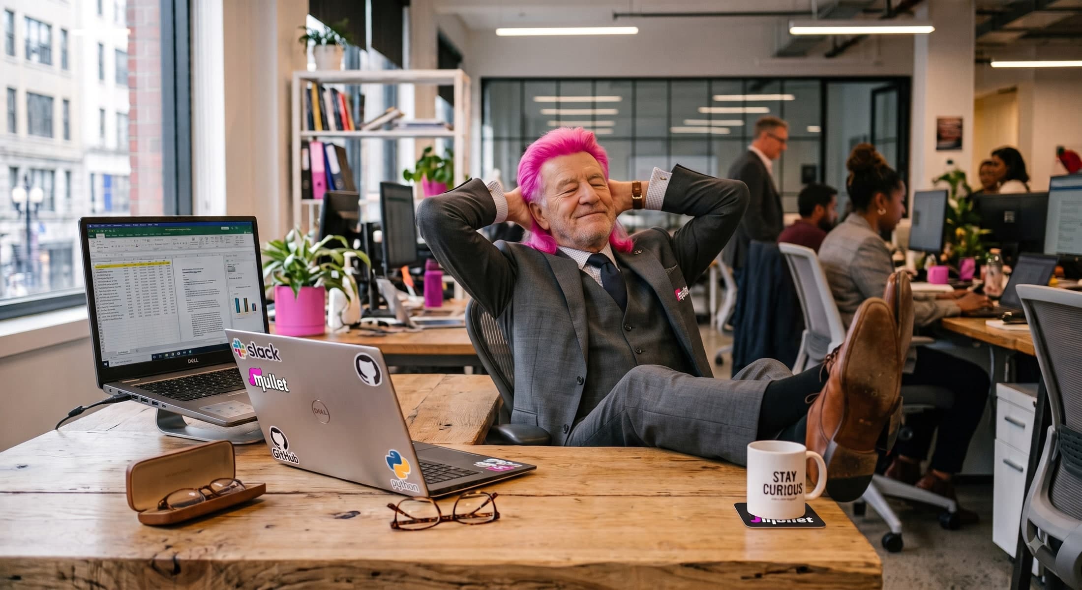 A business leader with a vivid pink mullet leaning back with his feet up in a busy office.