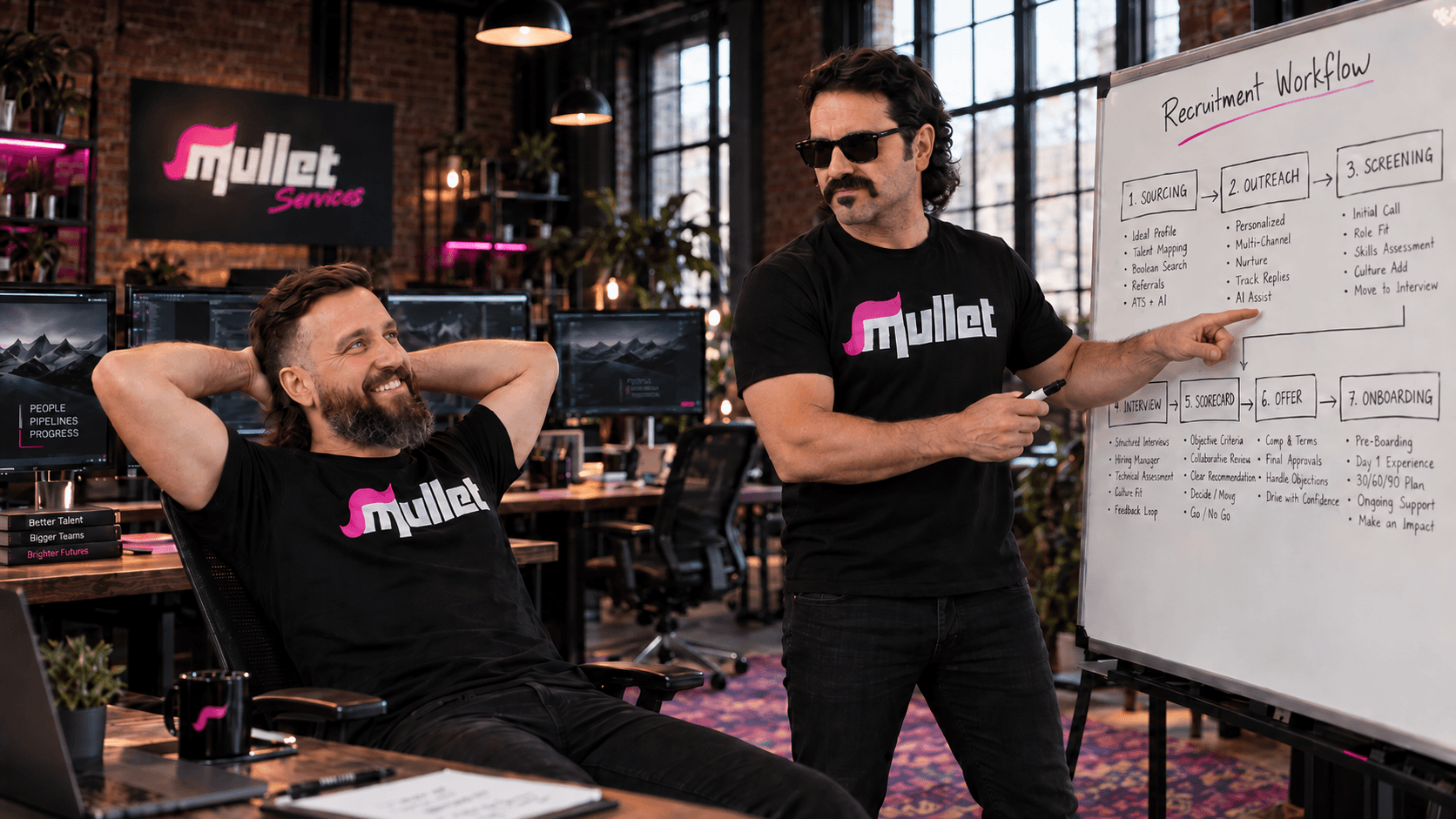 Kyle and Tom in the Mullet office with a recruiting workflow whiteboard